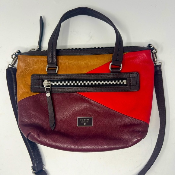 Fossil Patchwork  Multicolor Leather Zipper Pocket Satchel Crossbody Bag - Picture 1 of 15
